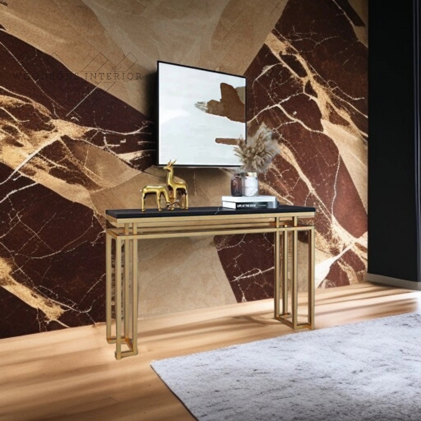 Black Marble Console Table with Metal Finish