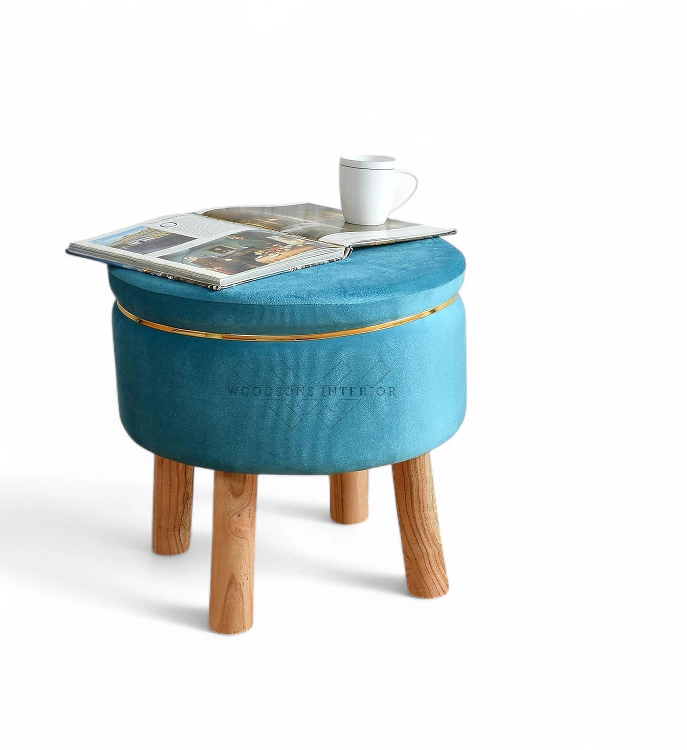 Wooden Cushion Ottoman With Golden Strip - WOODSONS INTERIOR
