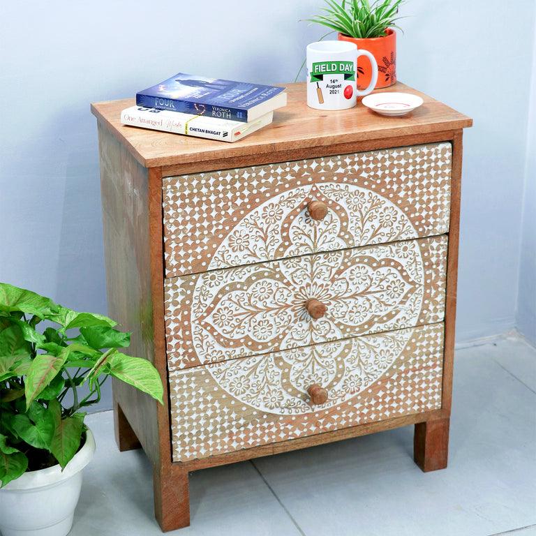 Wood Hand-Carved 3-Drawer Table - WOODSONS INTERIOR