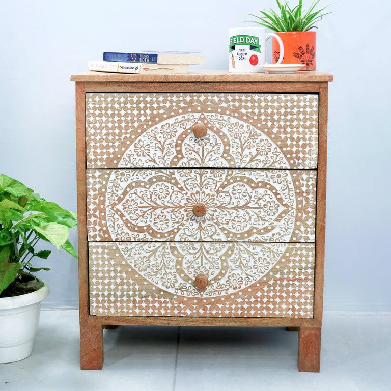 Wood Hand-Carved 3-Drawer Table - WOODSONS INTERIOR