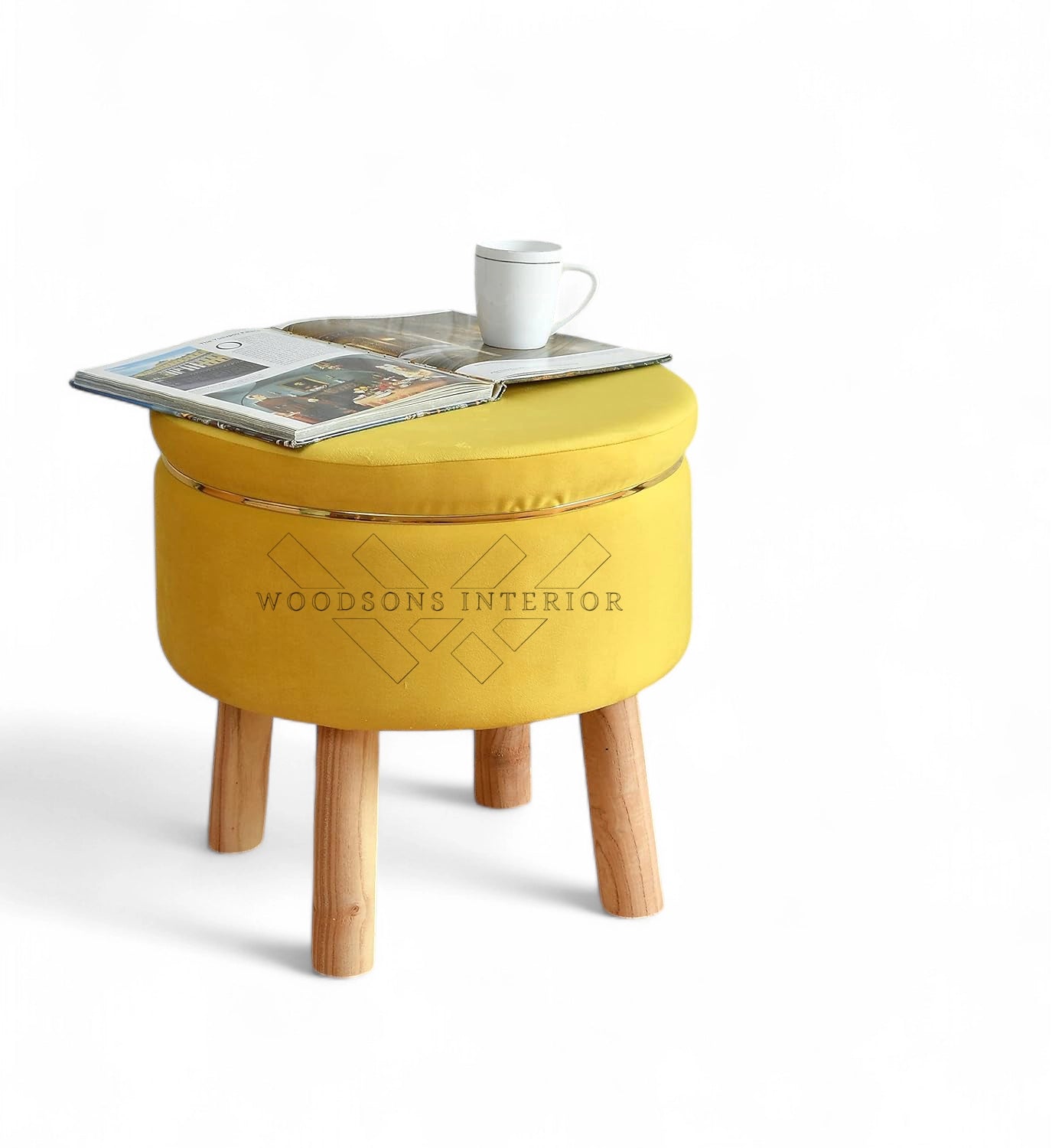 Wooden Cushion Ottoman With Golden Strip - WOODSONS INTERIOR