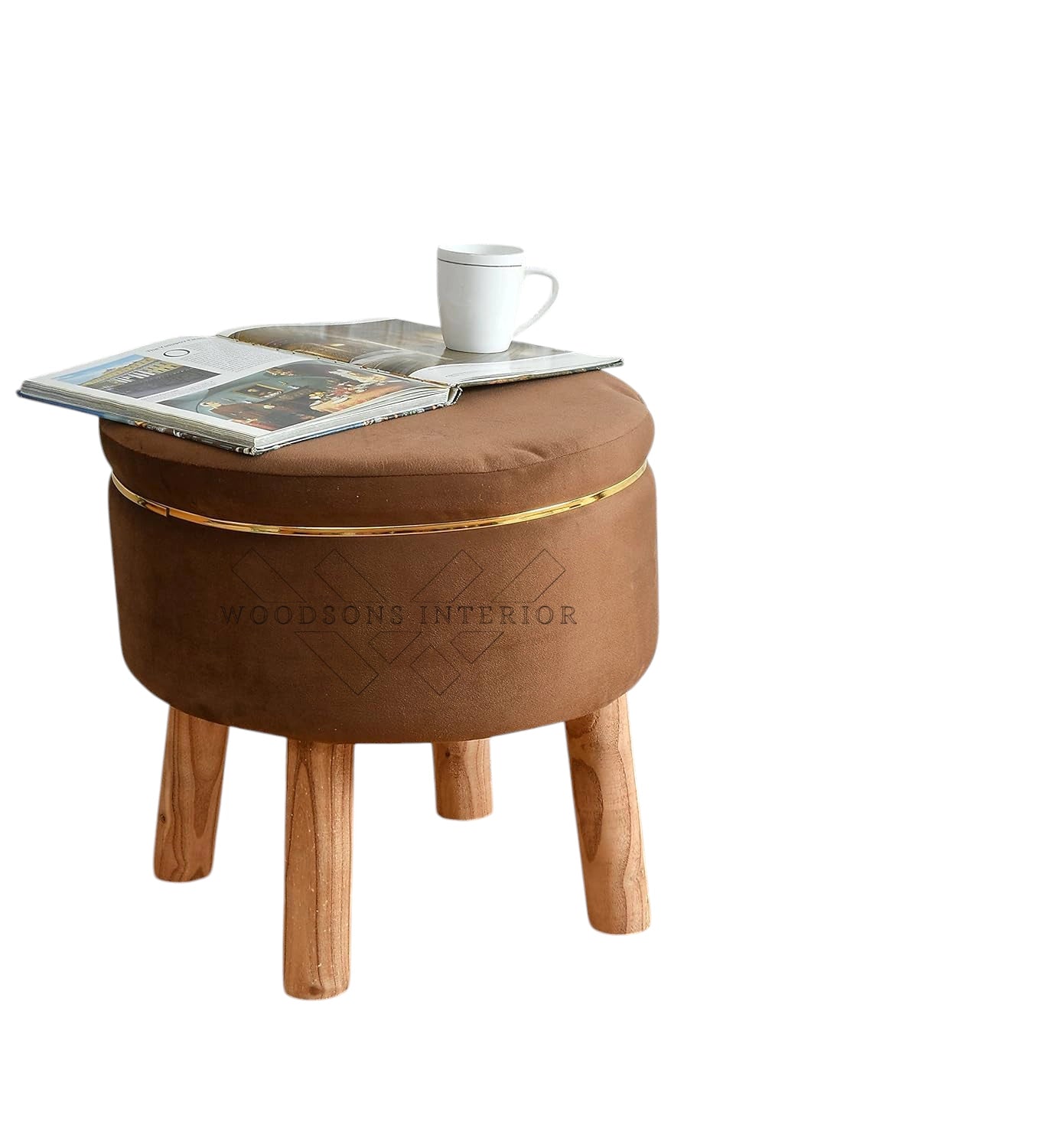 Wooden Cushion Ottoman With Golden Strip - WOODSONS INTERIOR