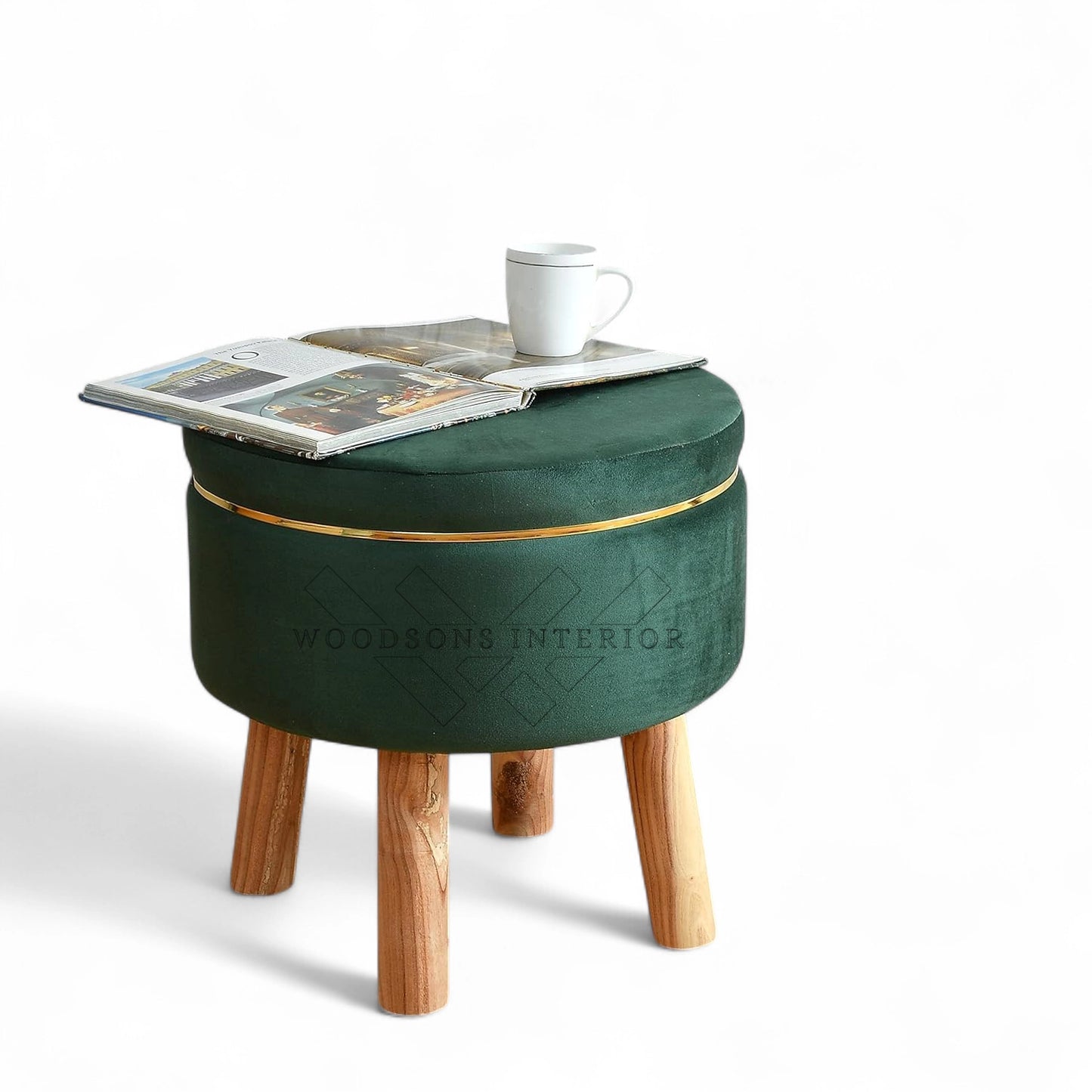 Wooden Cushion Ottoman With Golden Strip - WOODSONS INTERIOR