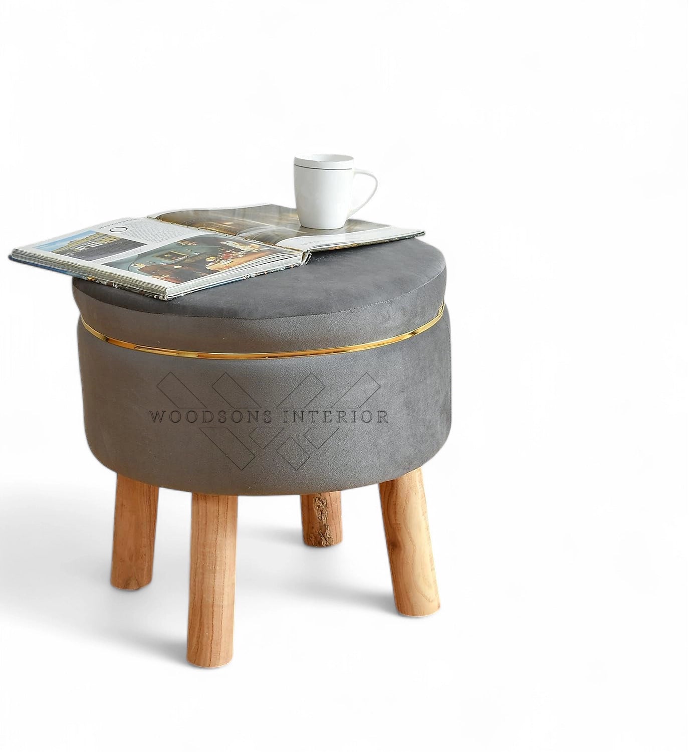 Wooden Cushion Ottoman With Golden Strip - WOODSONS INTERIOR