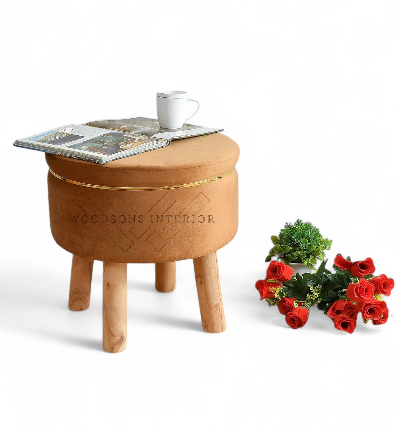 Wooden Cushion Ottoman With Golden Strip - WOODSONS INTERIOR