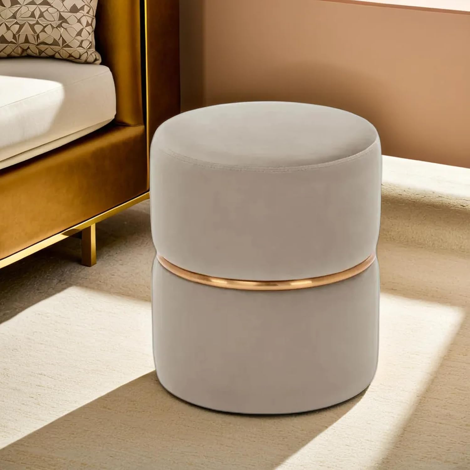 Puffy Round Footstool | Ottoman With Gold Strip - WOODSONS INTERIOR