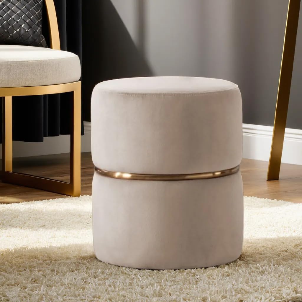 Puffy Round Footstool | Ottoman With Gold Strip - WOODSONS INTERIOR