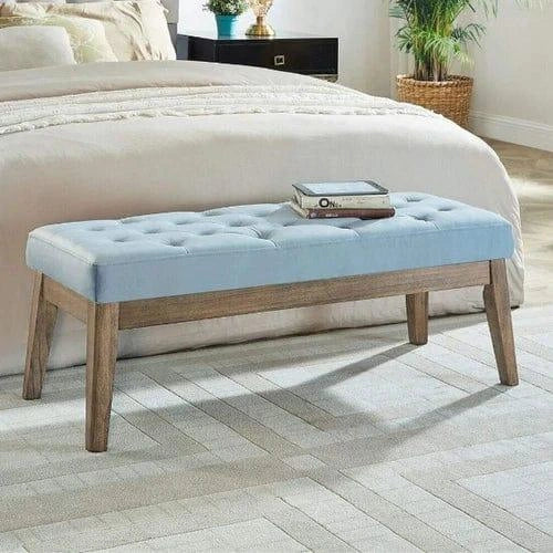 Seaglass Velvet Tufted Bench with Solid Wood Legs - Padded Ottoman - WOODSONS INTERIOR