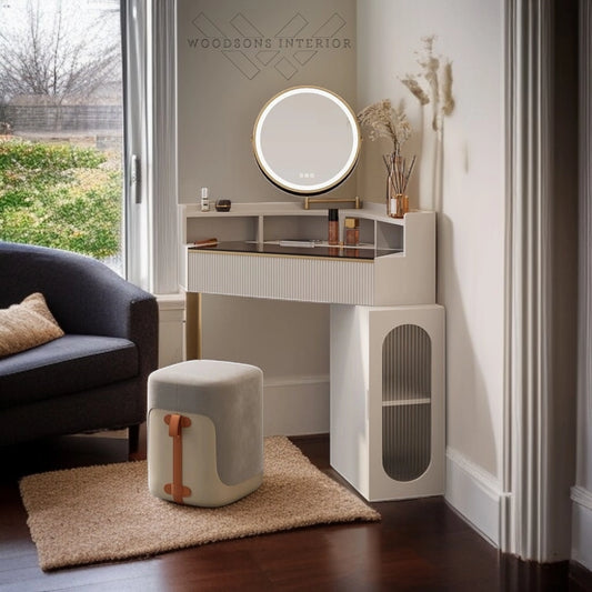 Modern White Corner Vanity Set with Acrylic Top, Mirror & Stool