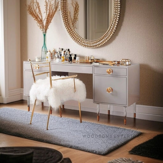 Grey Modern Wood Makeup Vanity with Acrylic & Gold