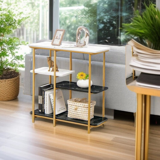 Four-Tier White & Black Marble Gold Console Table