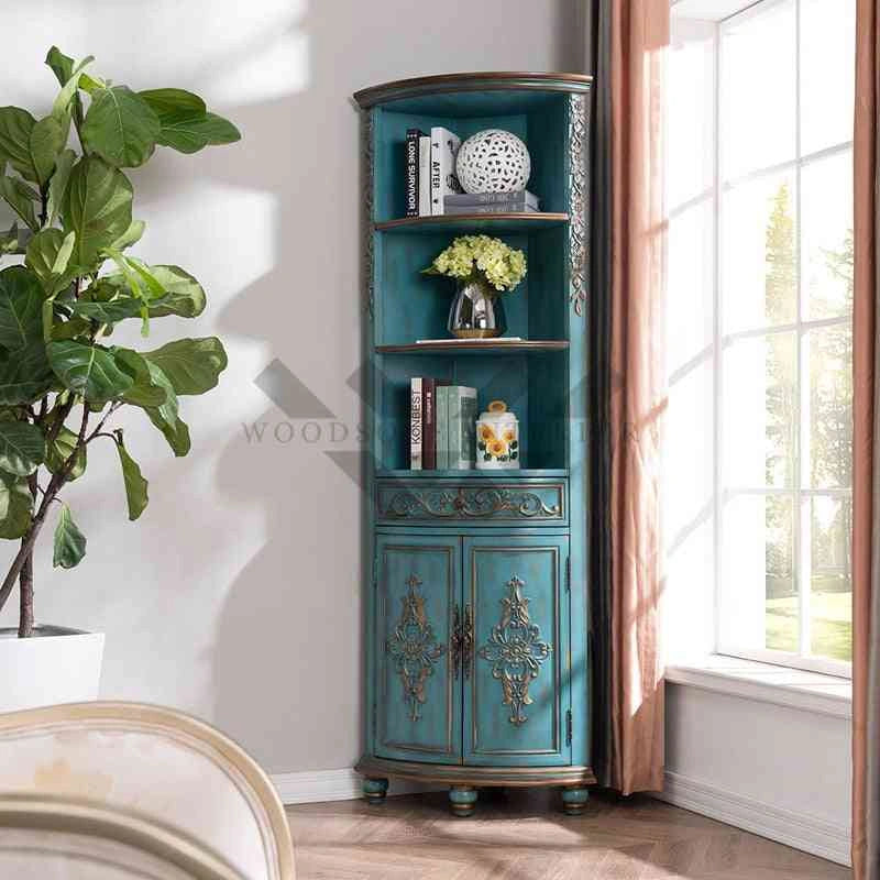 Antique Carved Wood Corner Cabinet with Drawer & Shelf - WOODSONS INTERIOR