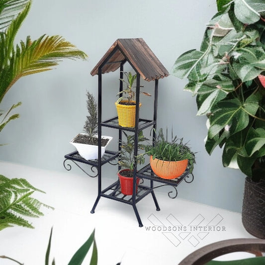 Rustic 4-Tier Iron & Wood Plant Stand