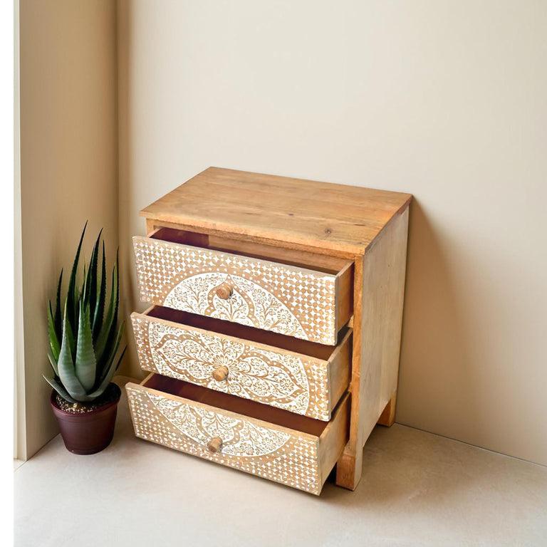Wood Hand-Carved 3-Drawer Table - WOODSONS INTERIOR