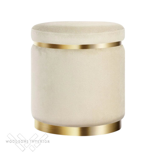 Wooden Round Ottoman Stool Golden Metal Strip - WOODSONS INTERIOR