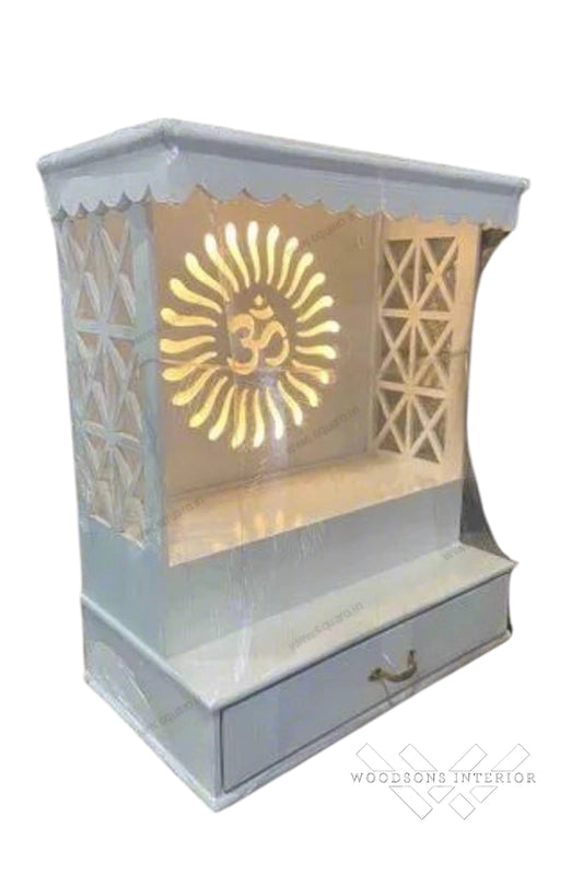White Wooden Pooja Mandir with LED Om & Drawer