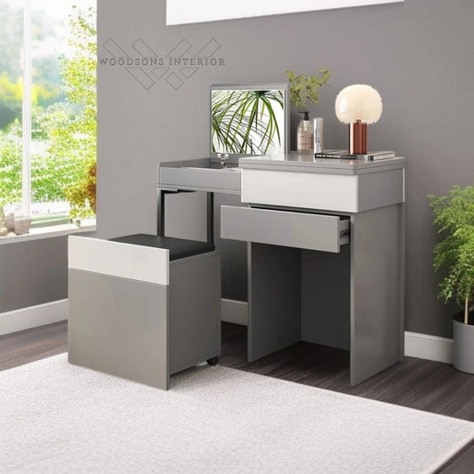 Foldable Grey Vanity Set with Mirror & Stool
