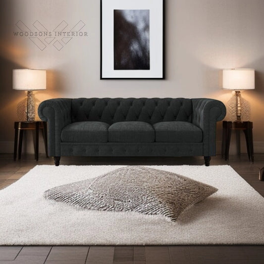 Velvet Chesterfield 3-Seater Sofa – Tufted Back & Scroll Arms - WOODSONS INTERIOR