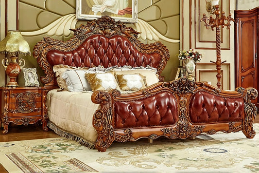 Hand-Carved Luxury Leather Bed - WOODSONS INTERIOR