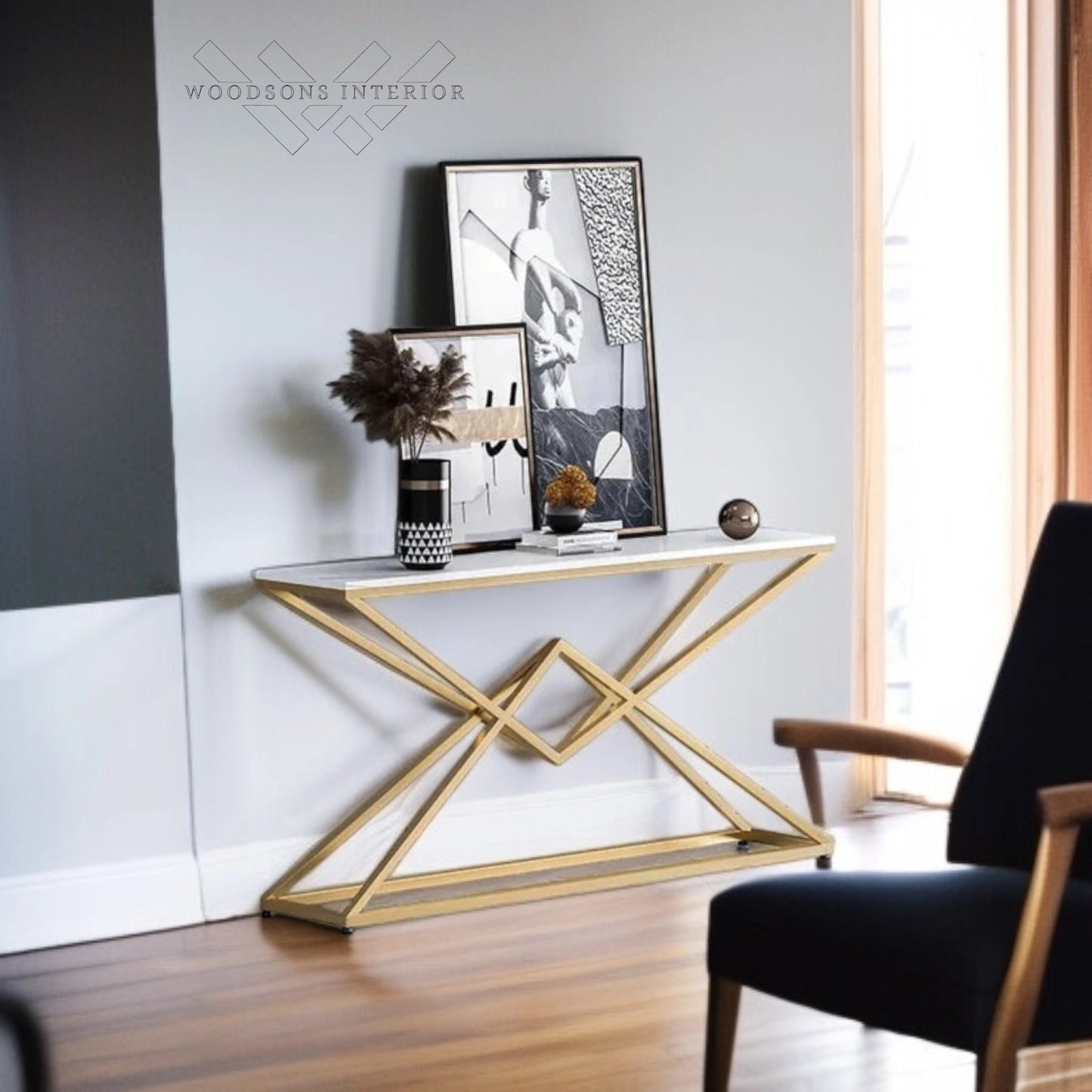 Console Marble Table Golden Metal Finish