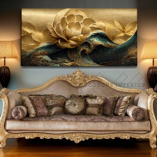 Golden Flower and Waves Canvas Wall Painting