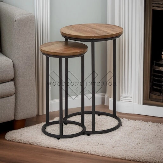 Wooden Round Iron Side Table