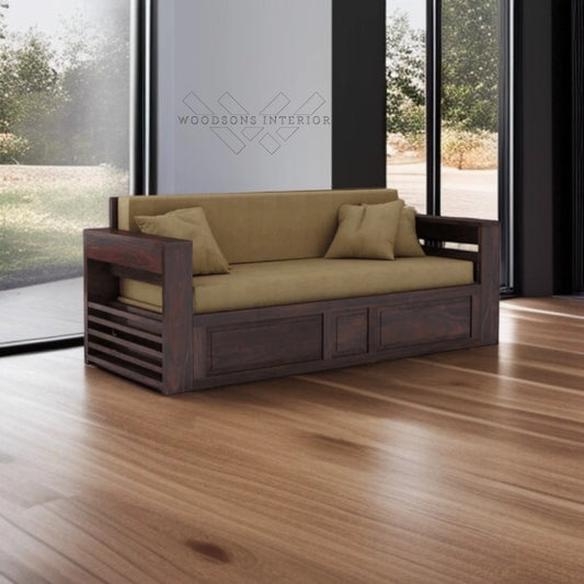 3-Seater Sheesham Wood Sofa Cum Bed - Walnut Finish - WOODSONS INTERIOR