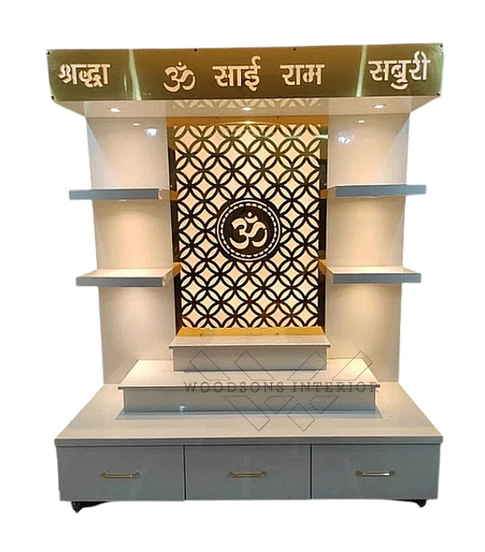 White & Golden Backlit Om Pooja Mandir