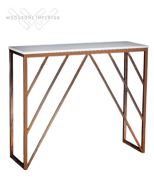 Console Table White Rectangular Shape with Copper Metal Finish