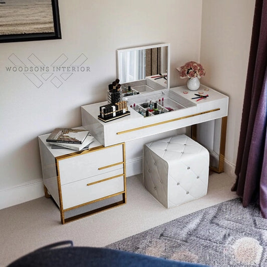 Elegant White Vanity with Flip Mirror, 4 Drawers & Gold Base