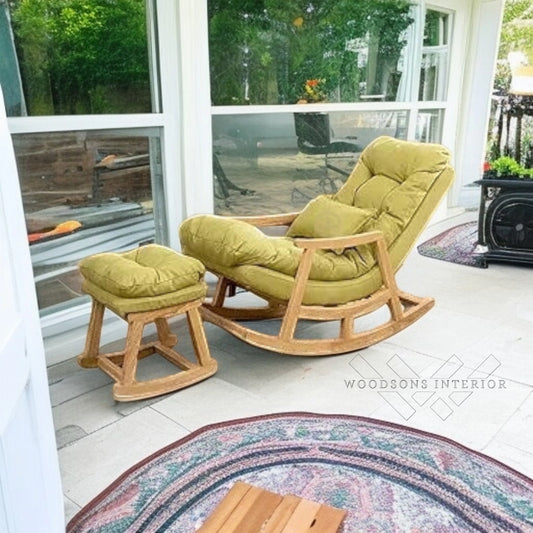 Sheesham Wood Rocking Chair with Footrest & Cushion (Parrot Green)