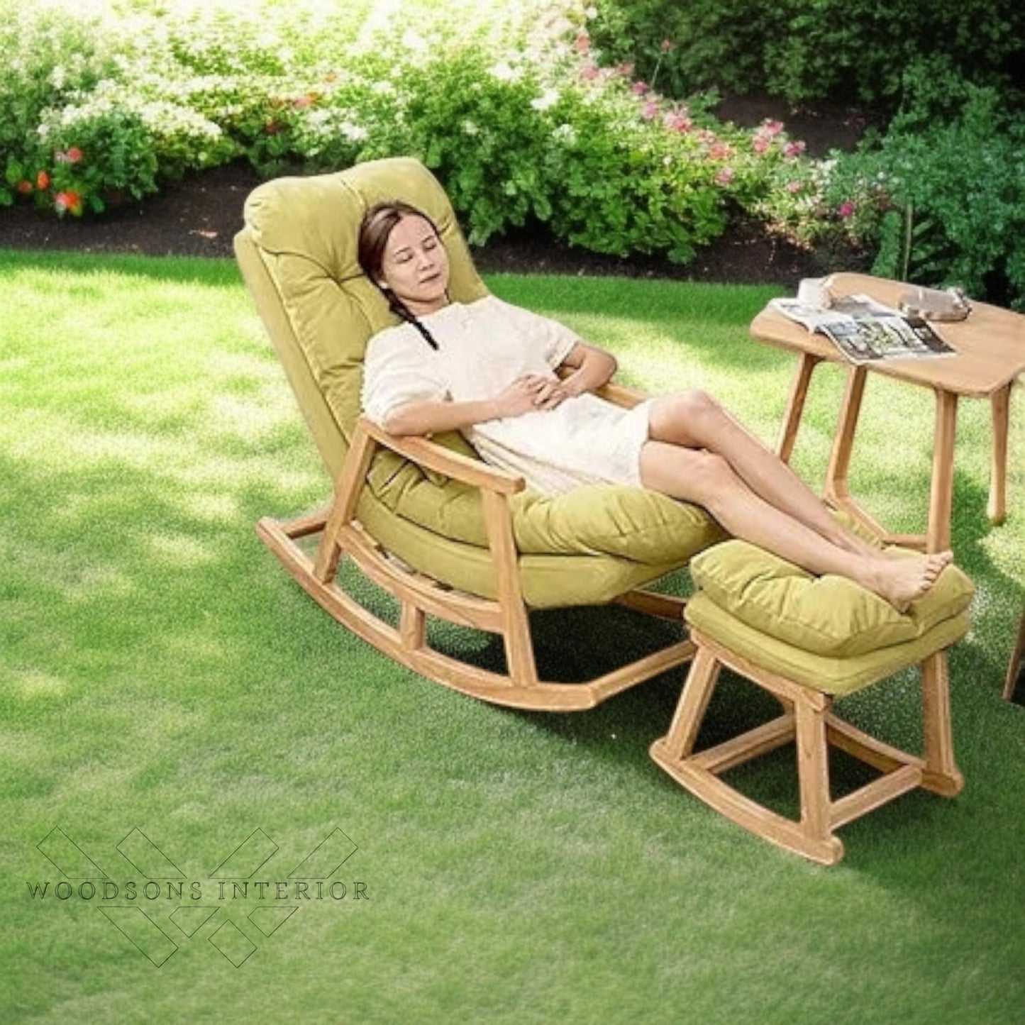 Sheesham Wood Rocking Chair with Footrest & Cushion (Parrot Green)