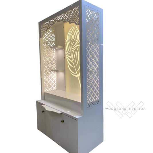 Backlit White Wooden Pooja Mandir