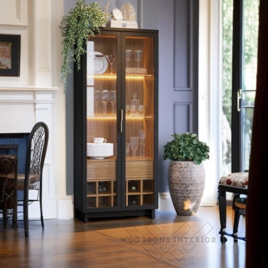 LED Black Glass Cabinet with Wine Rack