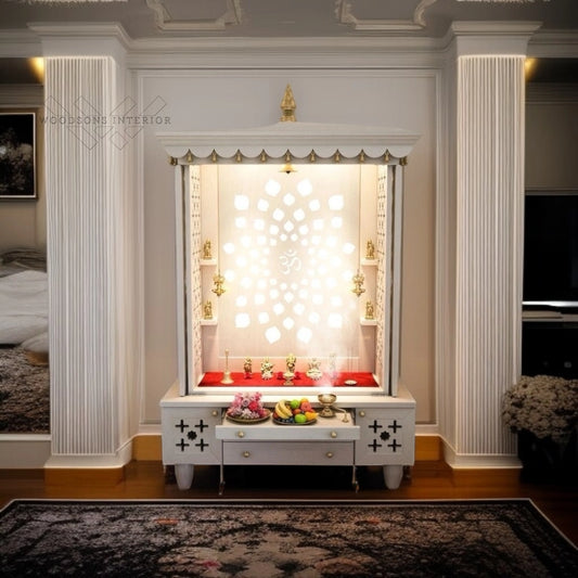 White PU Pooja Mandir with Brass Accents