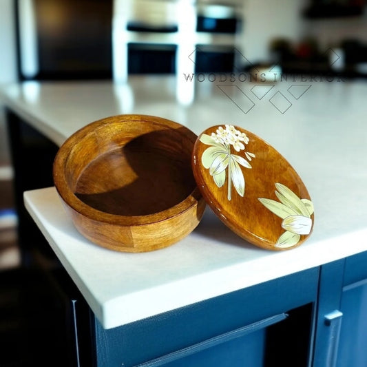 Wooden Roti Box with Flower Lid - WOODSONS INTERIOR