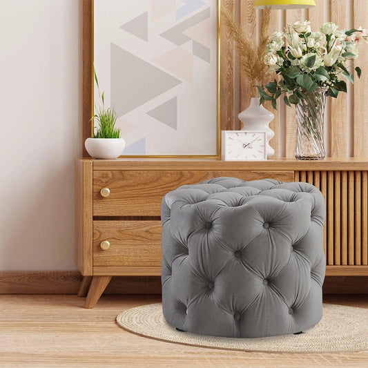 Grey Doe Buck Round Tufted Velvet Ottoman - WOODSONS INTERIOR