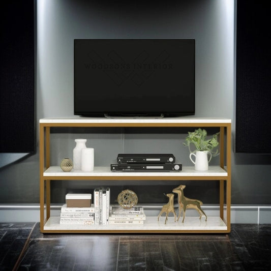 White Marble Console Table with Golden Finish